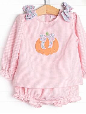 Stitchy Fish pink gingham pumpkin appliqué set (3 months)